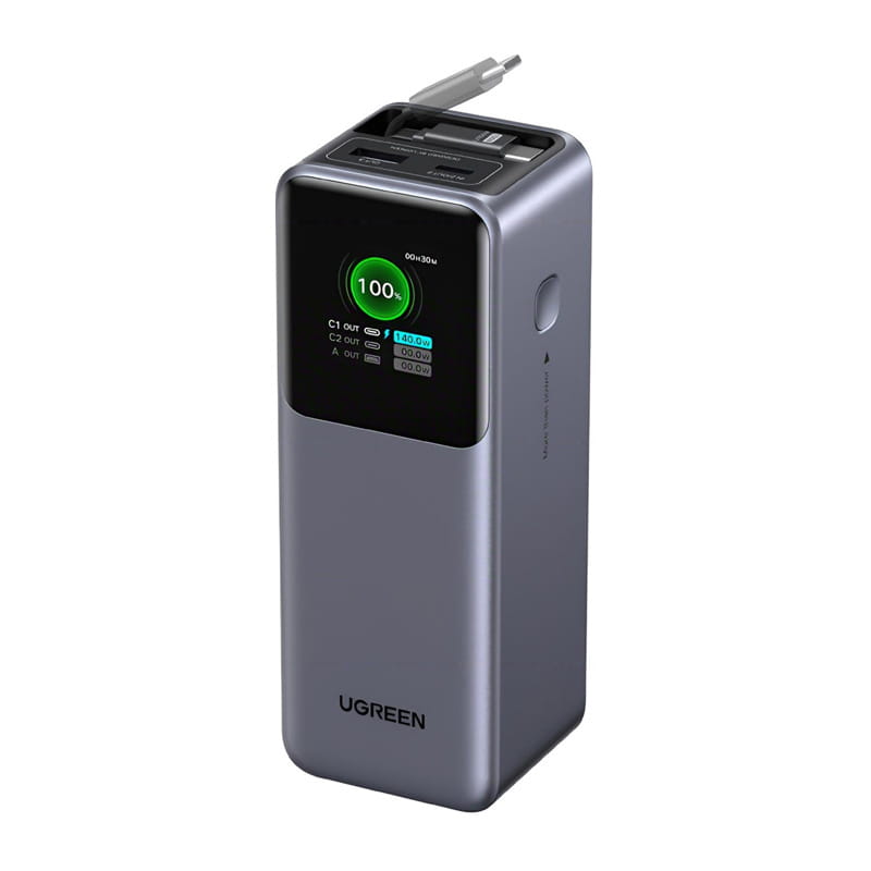 Powerbank 20000mAh Ugreen PB726 USB + USB-C, 165W, wbudowany kabel, certyfikat CCC (szary)