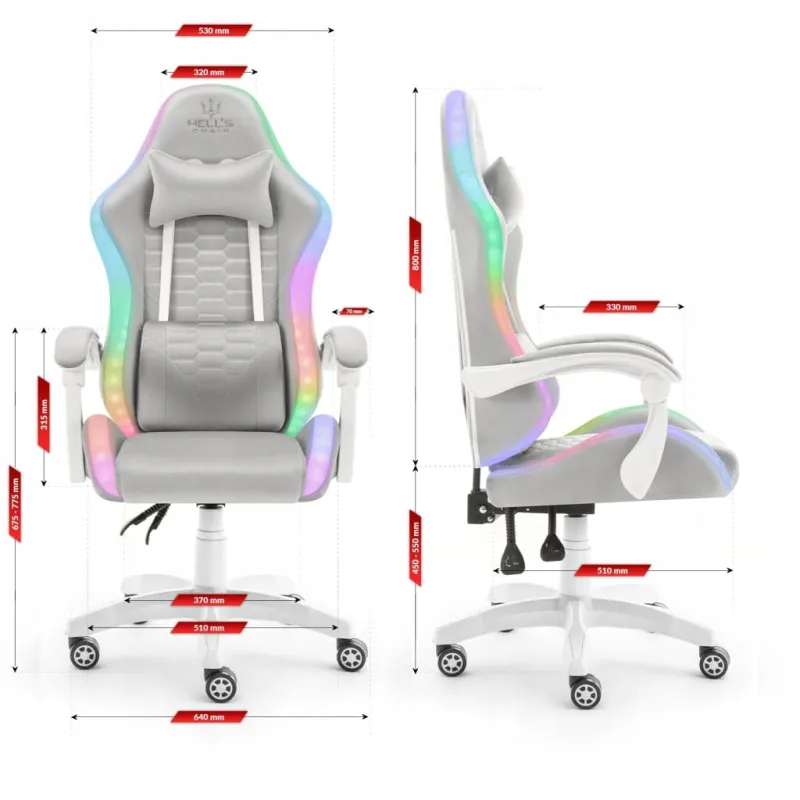 Fotel gamingowy Hell's Chair HC-1000 szary tkanina LED RGB z poduszkami